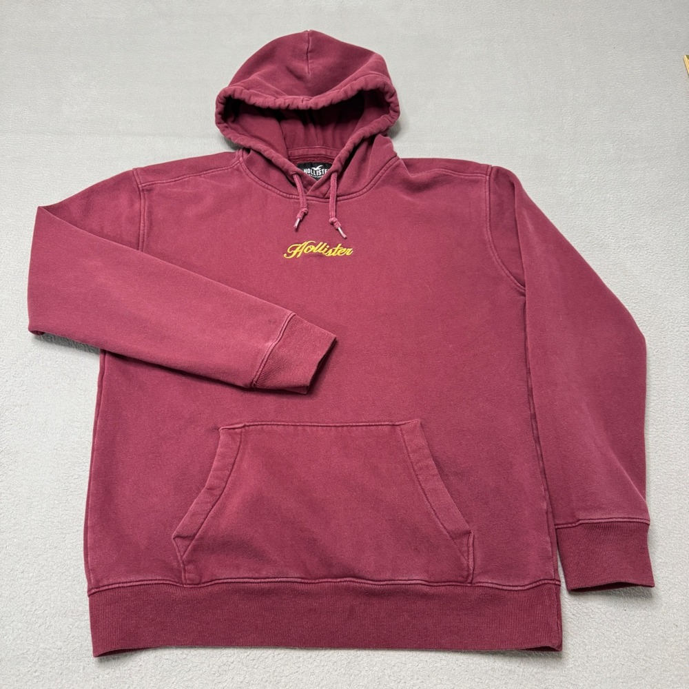 Hollister Hoodie Mens M Burgundy Embroidered Logo Pullover Fleece Sweatshirt - Picture 1 of 7